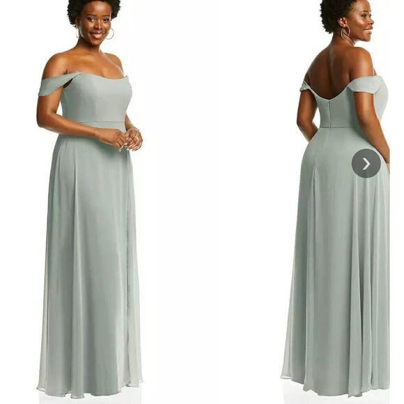 Off-the-Shoulder Basque Neck Maxi Dress Flounce Sleeves in Willow Green NWT 14R - Picture 3 of 7